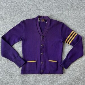 Vintage Kandel Sweater Mens Small Purple Wool Varsity Stripe Cardigan USA